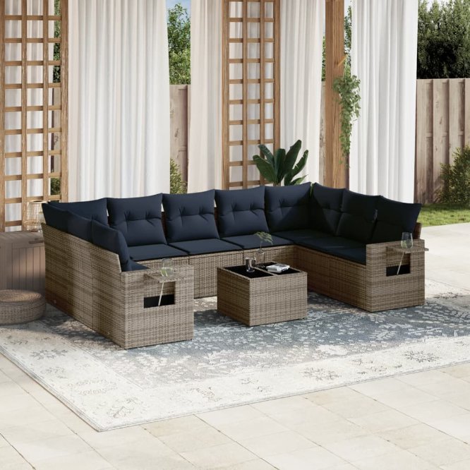 9-teiliges Gartensofa-Set mit Kissen, schwarzes Polyrattan