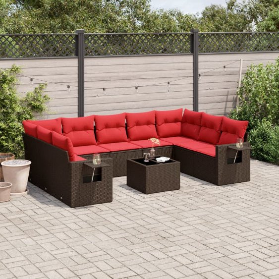 9-teiliges Gartensofa-Set mit Kissen, schwarzes Polyrattan