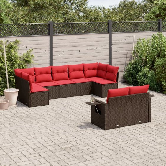 9-teiliges Gartensofa-Set mit Kissen, schwarzes Polyrattan