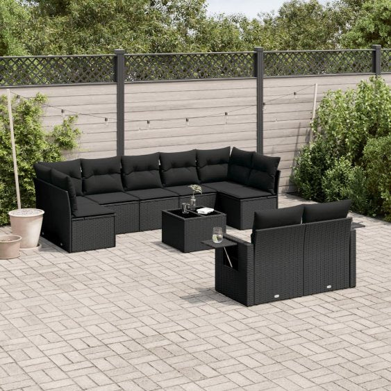 9-tlg. Garten-Sofagarnitur mit Kissen Schwarz Poly Rattan