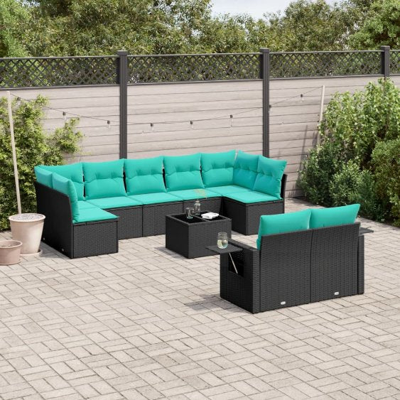 9-teiliges Gartensofa-Set mit Kissen, schwarzes Polyrattan