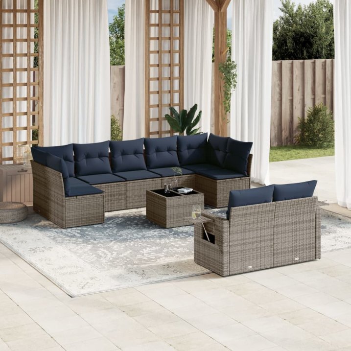 9-teiliges Gartensofa-Set mit Kissen, schwarzes Polyrattan