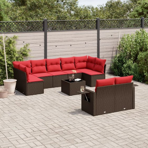 9-teiliges Gartensofa-Set mit Kissen, schwarzes Polyrattan