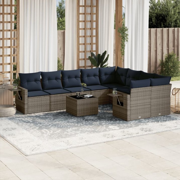 9-teiliges Gartensofa-Set mit Kissen, schwarzes Polyrattan