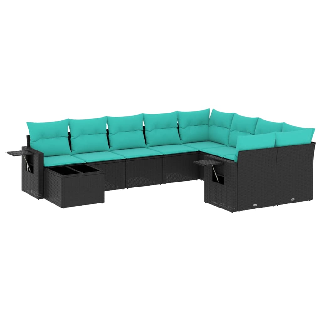 vidaXL 10-teiliges Gartensofa-Set mit Kissen, schwarzes Polyrattan