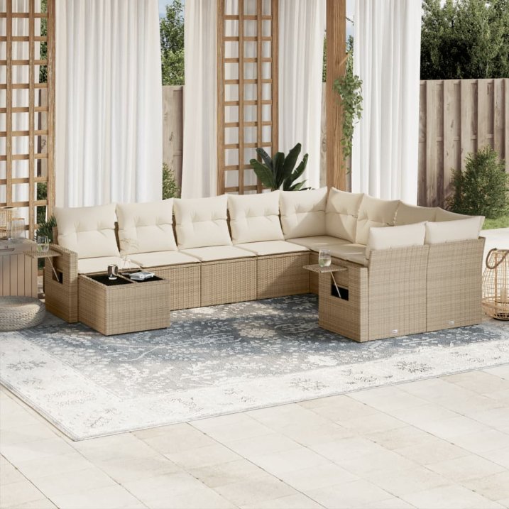 vidaXL 10-tlg. Garten-Sofagarnitur mit Kissen Schwarz Poly Rattan