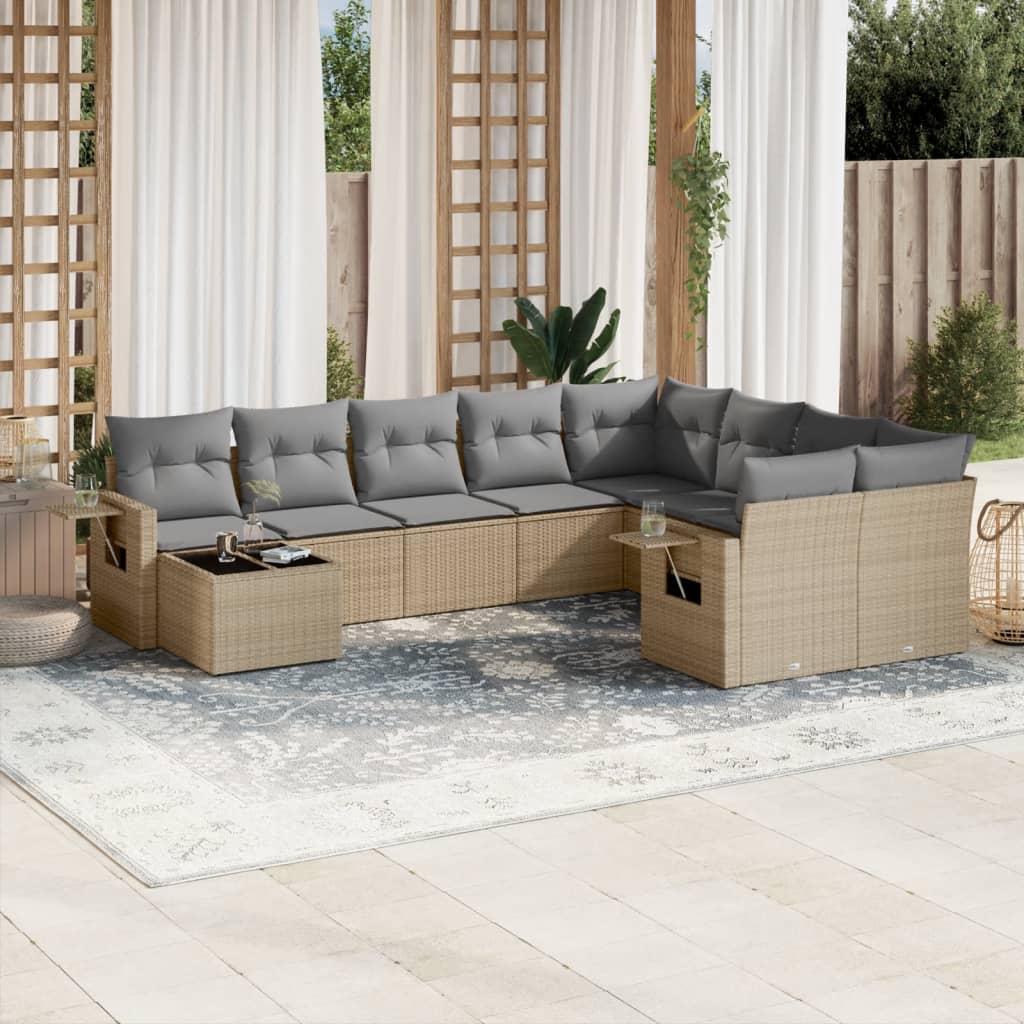 vidaXL 10-tlg. Garten-Sofagarnitur mit Kissen Schwarz Poly Rattan