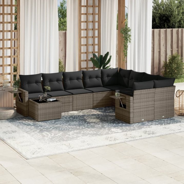 vidaXL 10-tlg. Garten-Sofagarnitur mit Kissen Schwarz Poly Rattan