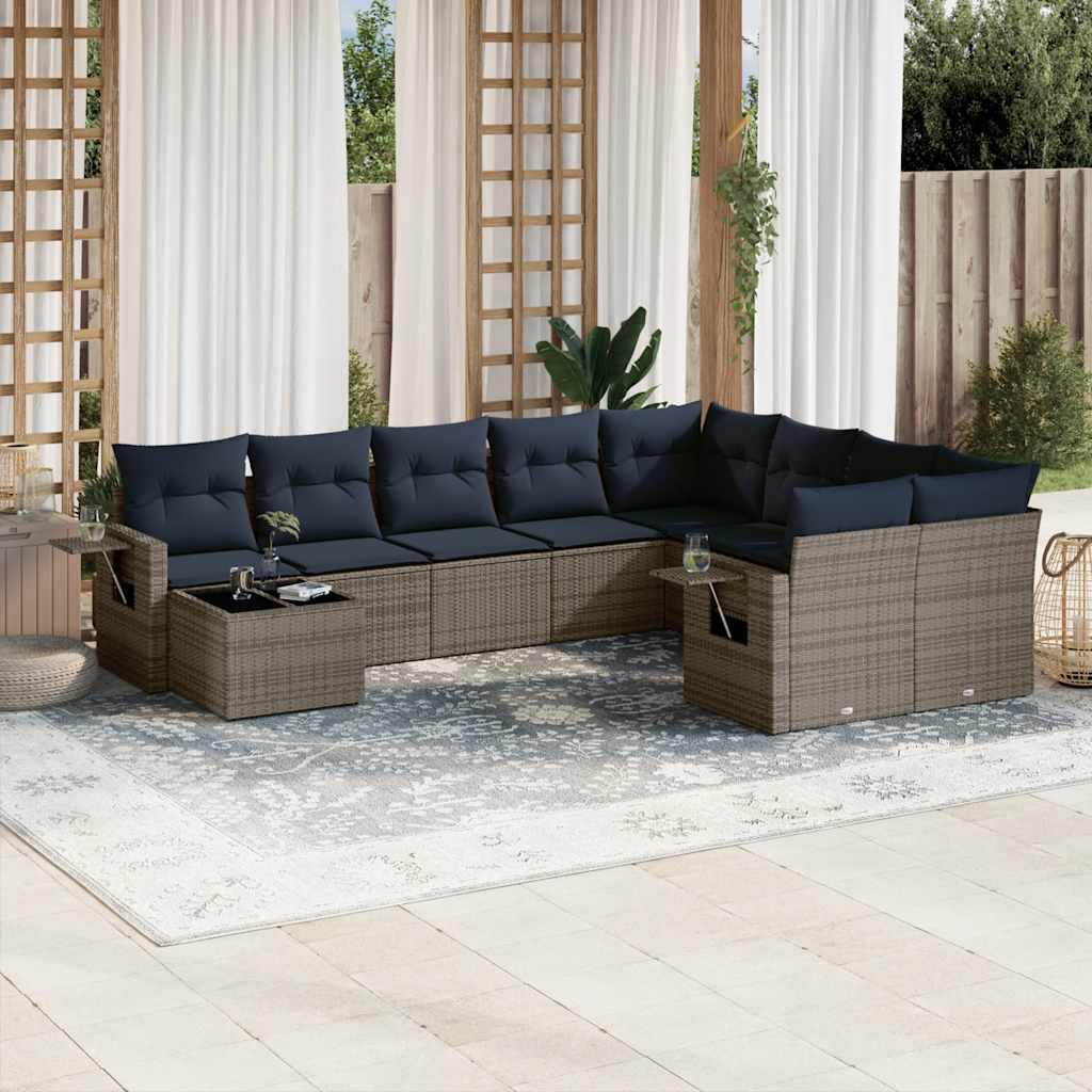 vidaXL 10-teiliges Gartensofa-Set mit Kissen, schwarzes Polyrattan