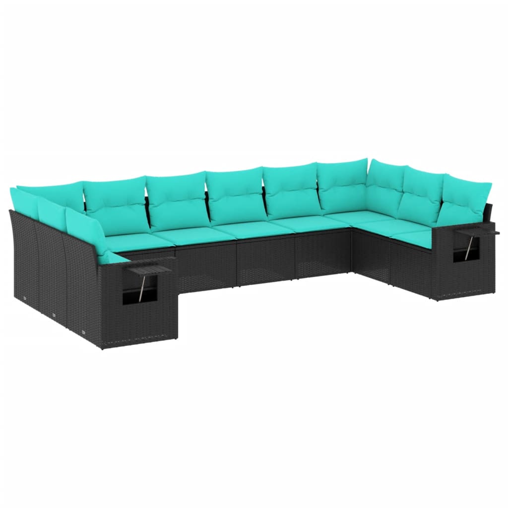vidaXL 10-teiliges Gartensofa-Set mit Kissen, schwarzes Polyrattan