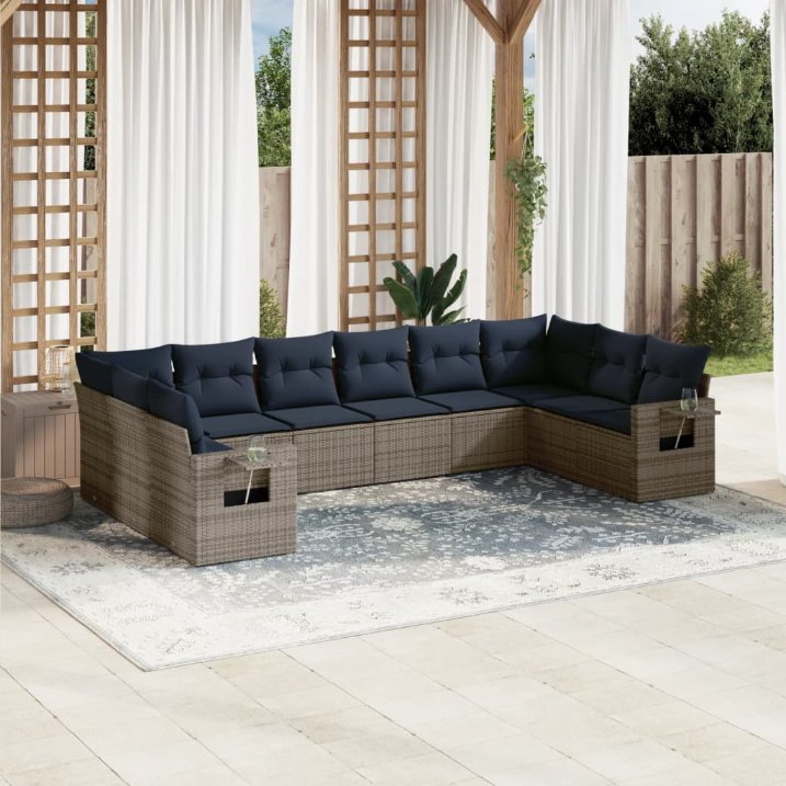 vidaXL 10-teiliges Gartensofa-Set mit Kissen, schwarzes Polyrattan