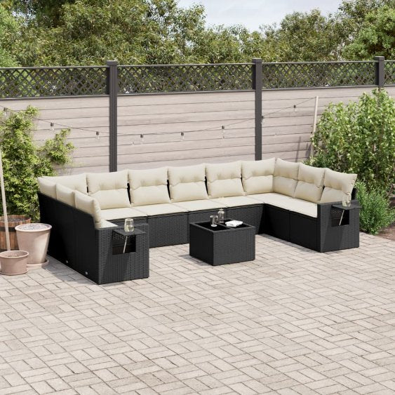vidaXL 10-tlg. Garten-Sofagarnitur mit Kissen Schwarz Poly Rattan