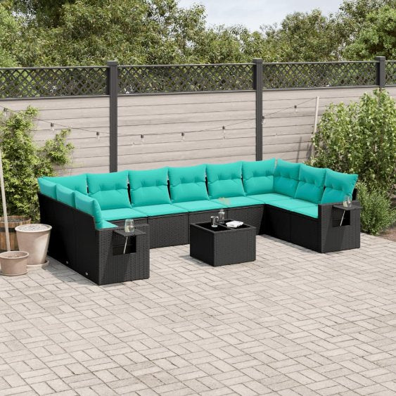 vidaXL 10-teiliges Gartensofa-Set mit Kissen, schwarzes Polyrattan