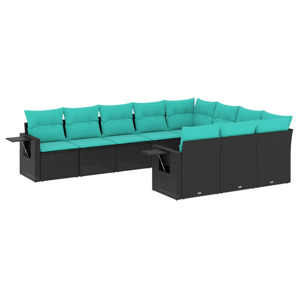 vidaXL 10-teiliges Gartensofa-Set mit Kissen, schwarzes Polyrattan