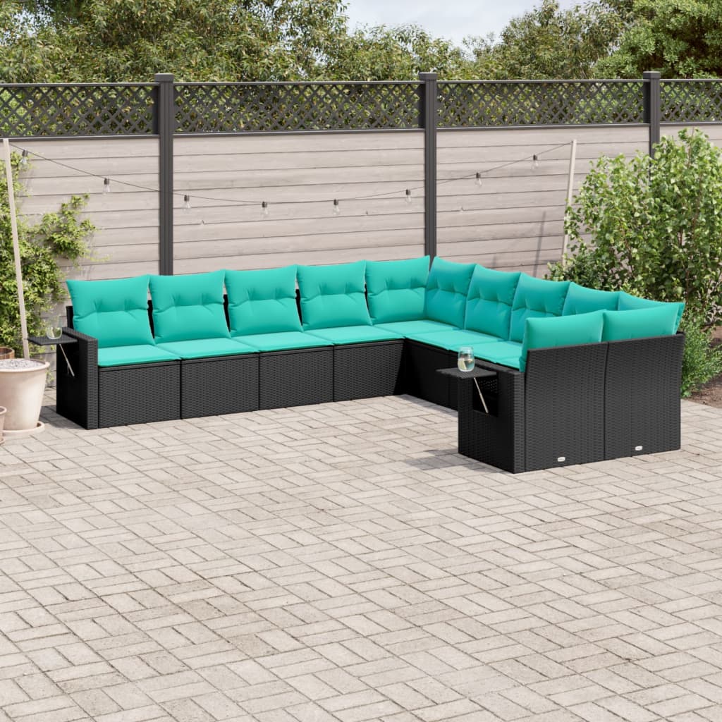 vidaXL 10-teiliges Gartensofa-Set mit Kissen, schwarzes Polyrattan
