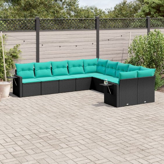 vidaXL 10-teiliges Gartensofa-Set mit Kissen, schwarzes Polyrattan