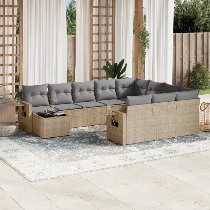 vidaXL 11-tlg. Garten-Sofagarnitur mit Kissen Schwarz Poly Rattan