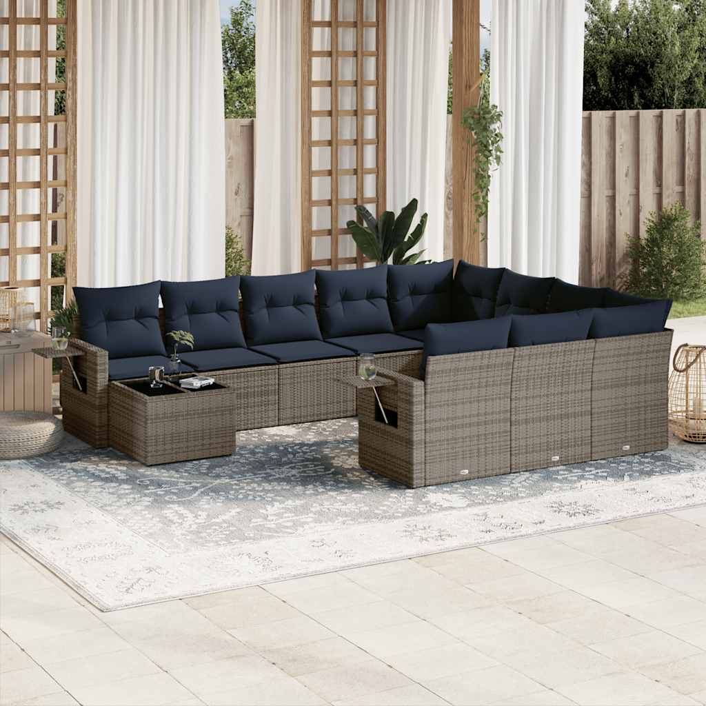vidaXL 11-teiliges Gartensofa-Set mit Kissen, schwarzes Polyrattan