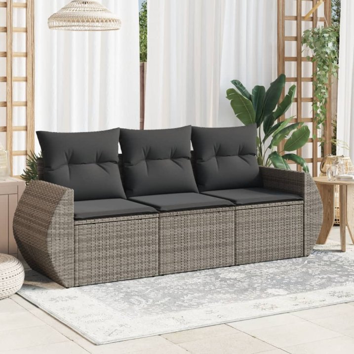 3-tlg. Garten-Sofagarnitur mit Kissen Schwarz Poly Rattan