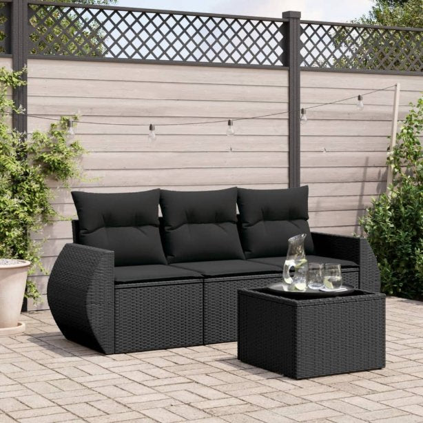 3-tlg. Garten-Sofagarnitur mit Kissen Schwarz Poly Rattan