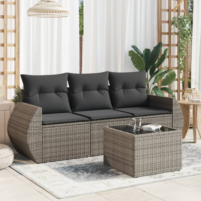 3-tlg. Garten-Sofagarnitur mit Kissen Schwarz Poly Rattan