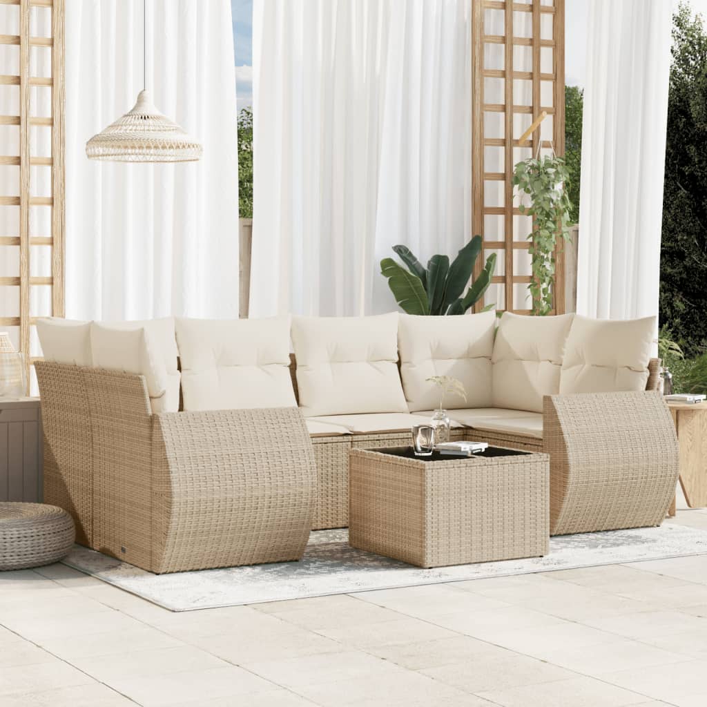 7-tlg. Garten-Sofagarnitur mit Kissen Schwarz Poly Rattan