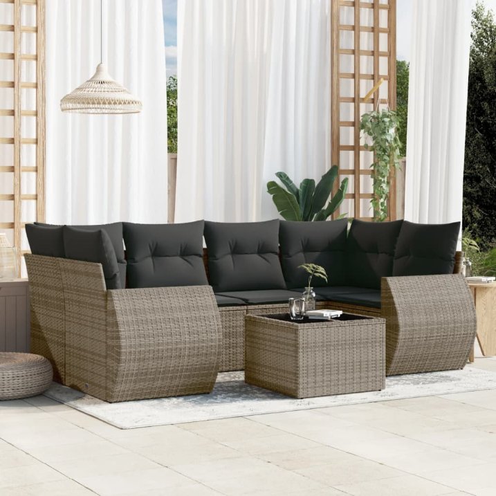7-tlg. Garten-Sofagarnitur mit Kissen Schwarz Poly Rattan