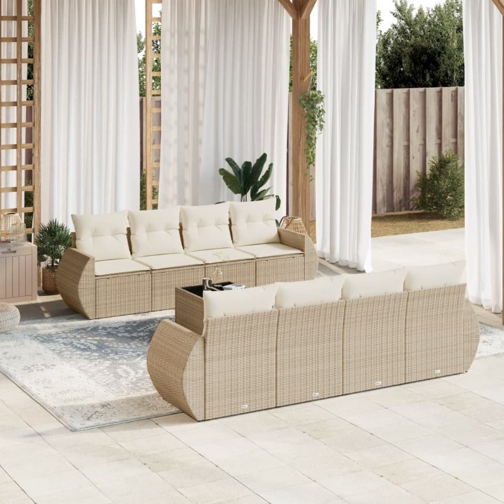 9-tlg. Garten-Sofagarnitur mit Kissen Schwarz Poly Rattan