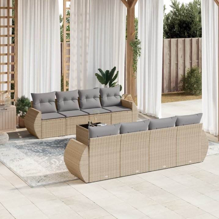 9-tlg. Garten-Sofagarnitur mit Kissen Schwarz Poly Rattan