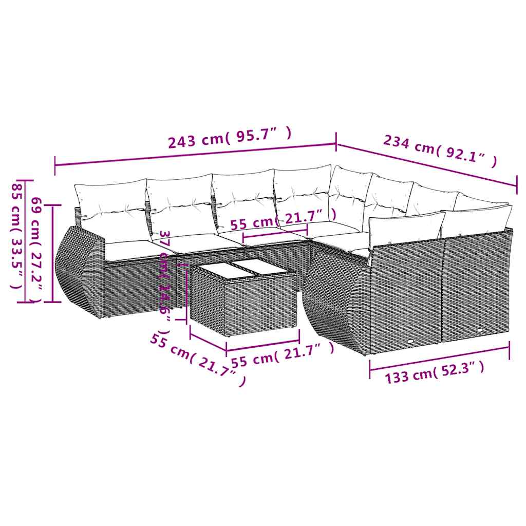 9-teiliges Gartensofa-Set mit Kissen, schwarzes Polyrattan