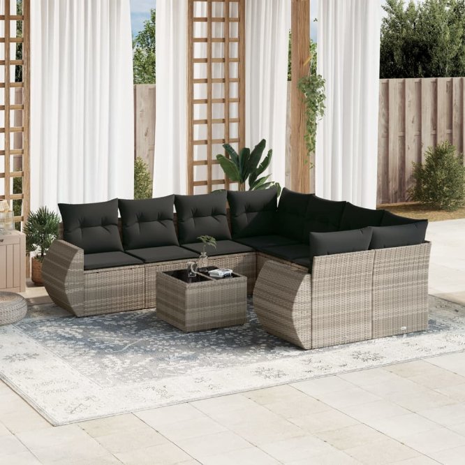 9-tlg. Garten-Sofagarnitur mit Kissen Schwarz Poly Rattan