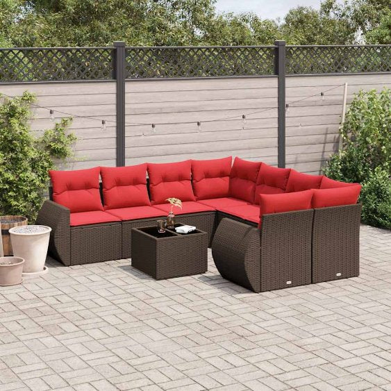 9-teiliges Gartensofa-Set mit Kissen, schwarzes Polyrattan