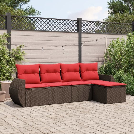 5-teiliges Gartensofa-Set mit Kissen, schwarzes Polyrattan