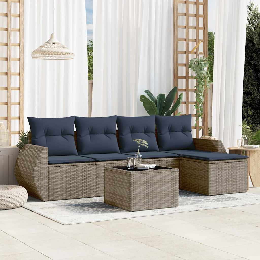 5-teiliges Gartensofa-Set mit Kissen, schwarzes Polyrattan