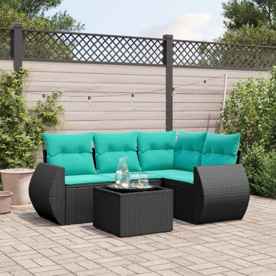 4-teiliges Gartensofa-Set mit Kissen, schwarzes Polyrattan