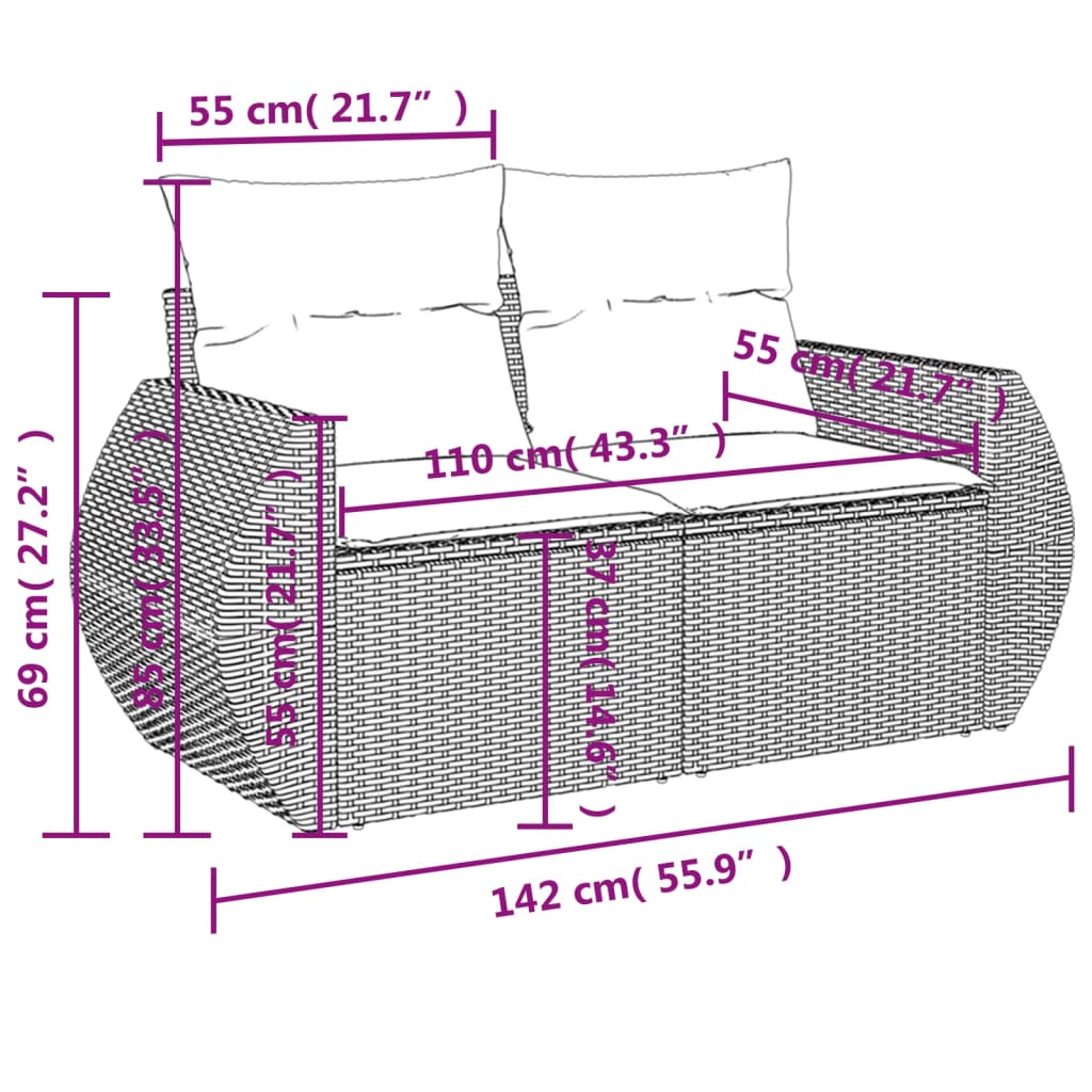 5-teiliges Gartensofa-Set mit Kissen, schwarzes Polyrattan