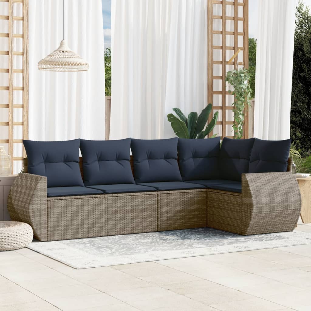 5-teiliges Gartensofa-Set mit Kissen, schwarzes Polyrattan