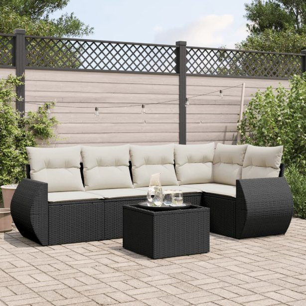 5-tlg. Garten-Sofagarnitur mit Kissen Schwarz Poly Rattan