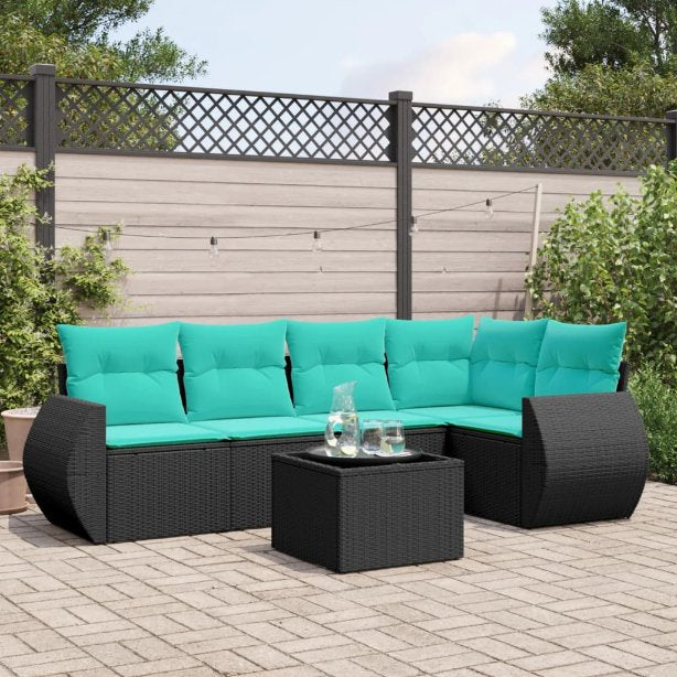 5-teiliges Gartensofa-Set mit Kissen, schwarzes Polyrattan