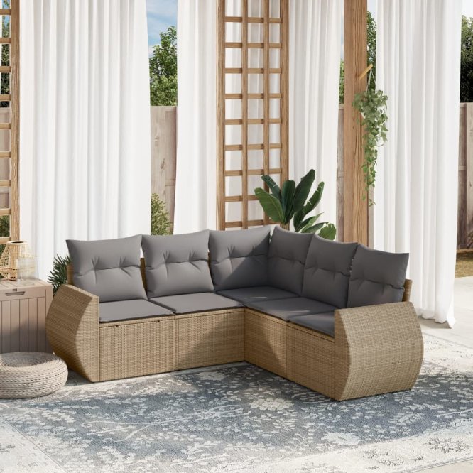 5-tlg. Garten-Sofagarnitur mit Kissen Schwarz Poly Rattan