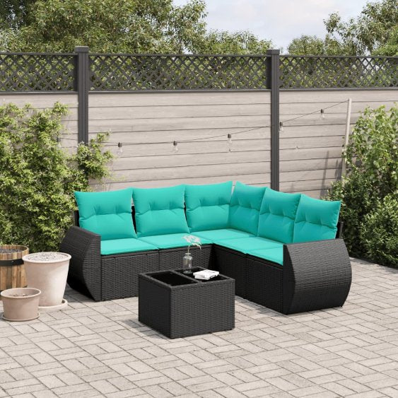 5-teiliges Gartensofa-Set mit Kissen, schwarzes Polyrattan