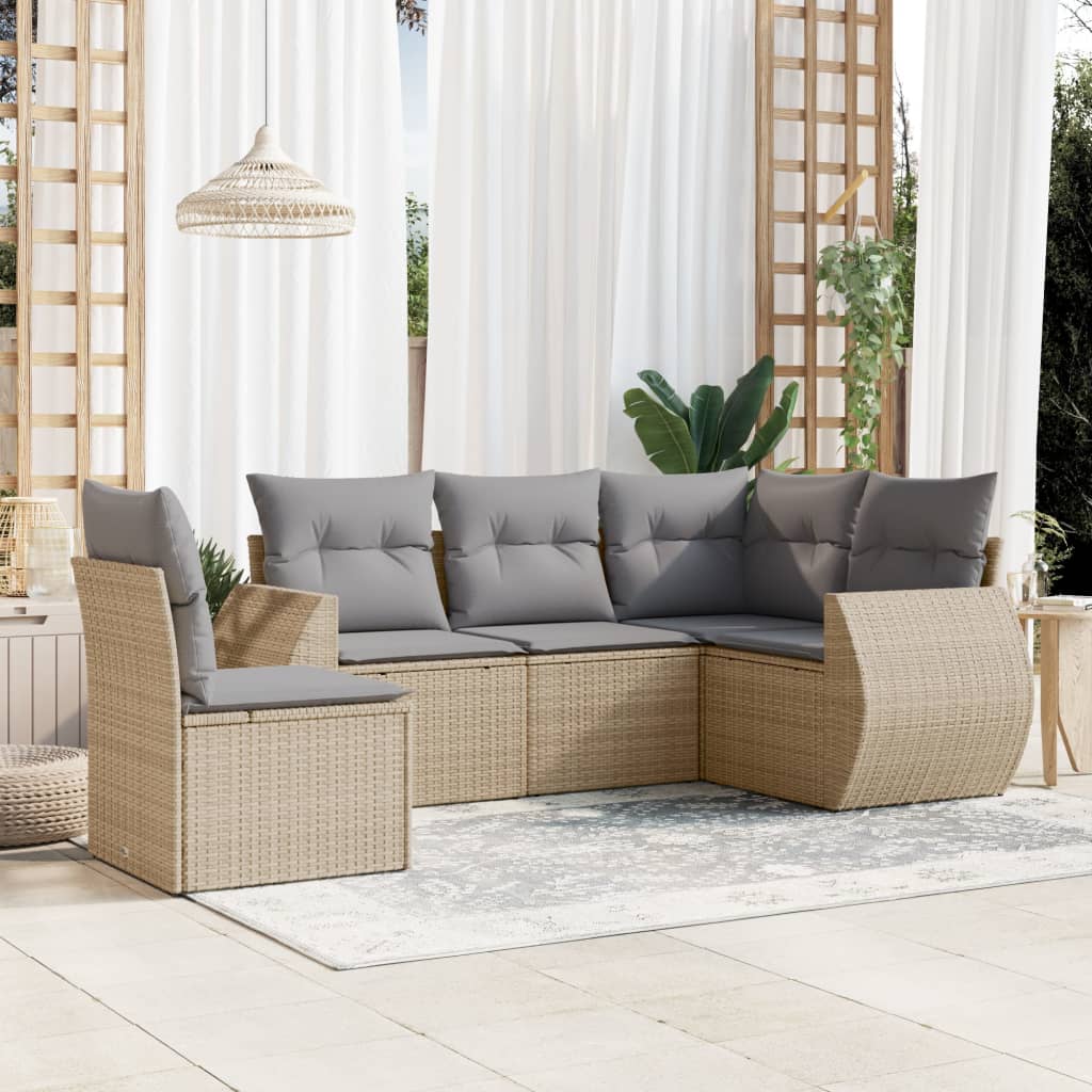 5-tlg. Garten-Sofagarnitur mit Kissen Schwarz Poly Rattan