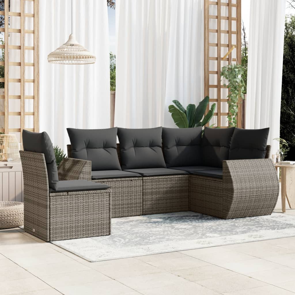 5-tlg. Garten-Sofagarnitur mit Kissen Schwarz Poly Rattan