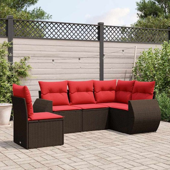 5-teiliges Gartensofa-Set mit Kissen, schwarzes Polyrattan