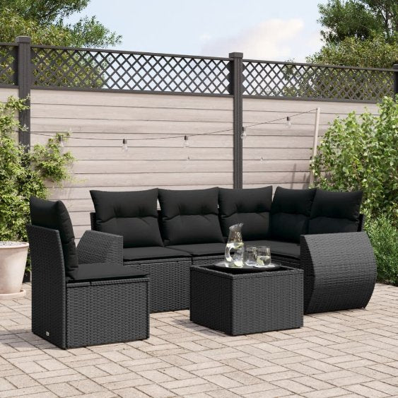 5-tlg. Garten-Sofagarnitur mit Kissen Schwarz Poly Rattan
