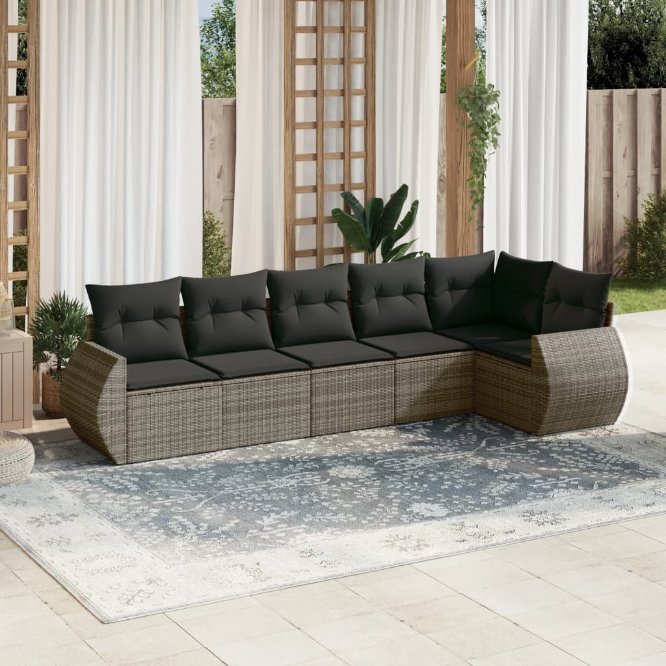 6-tlg. Garten-Sofagarnitur mit Kissen Schwarz Poly Rattan