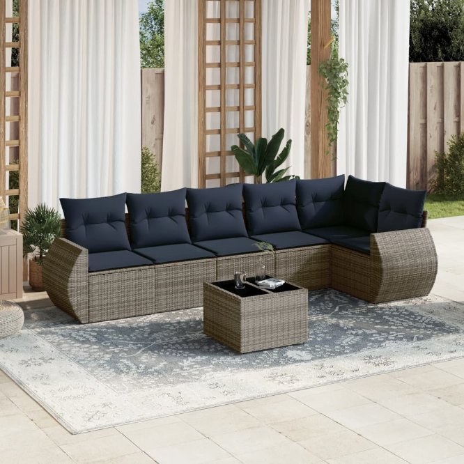 6-teiliges Gartensofa-Set mit Kissen, schwarzes Polyrattan