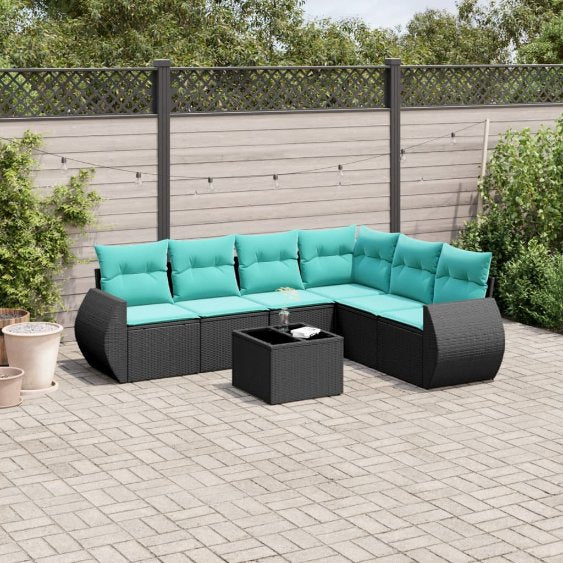 6-teiliges Gartensofa-Set mit Kissen, schwarzes Polyrattan