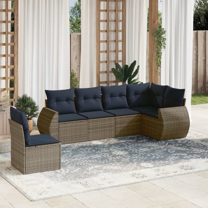 6-teiliges Gartensofa-Set mit Kissen, schwarzes Polyrattan