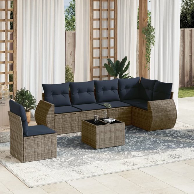 6-teiliges Gartensofa-Set mit Kissen, schwarzes Polyrattan